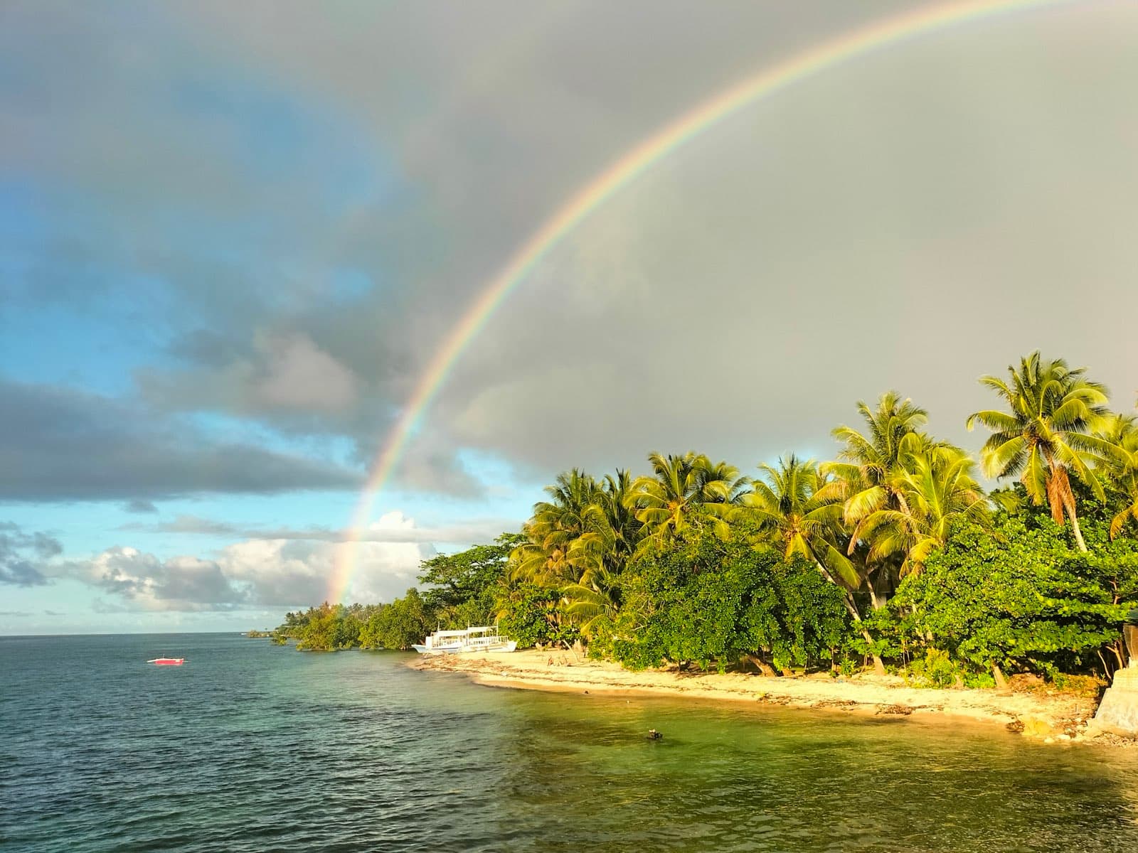 A rainbow arcing over the palm-lined shore and calm water near the house.